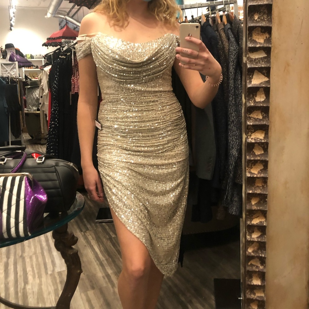 Off-Shoulder Sequin Ruched Cocktail Dress in Silver